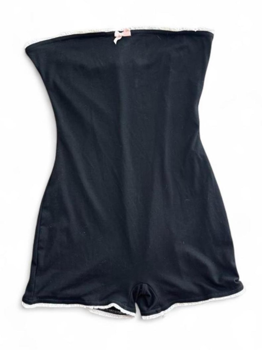 Black Strapless Bow Romper with White Trim